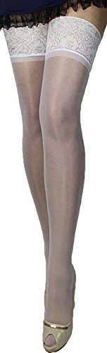 Unbekannt Dünne halterlose Strümpfe transparent stretch Blumenspitze Brautstrümpfe Hochzeit 15 den Farben S-XXXL (XL/XXL - 5/6, weiß) von Unbekannt