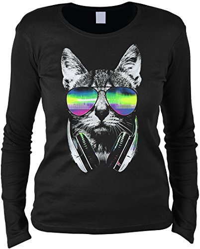 Unbekannt Katzen Motiv Katze Langarmshirt Damen DJ Cat Longshirt Geschenk Frauen Katzenhalter Geschenk für Katzenfreunde von Unbekannt
