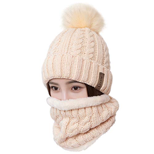 Unbekannt LCZTN Damen Beanie Mütze Schal Set Mädchen Winter Skimütze Slouchy Strickmütze mit Fleece gefüttert, beige, Einheitsgröße von Unbekannt