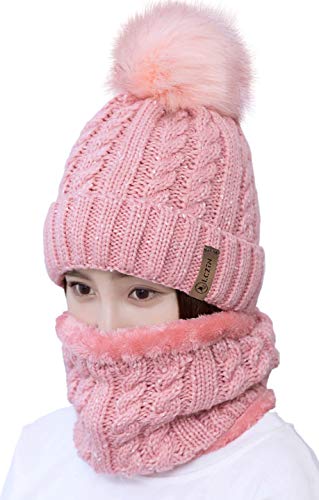 Unbekannt LCZTN Damen Beanie Mütze Schal Set Mädchen Winter Skimütze Slouchy Strickmütze mit Fleece gefüttert, rose, Einheitsgröße von Unbekannt