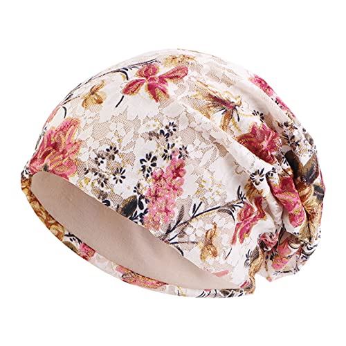 Spitzen Chemo Mützen Damen Sommer Beanie Kopftuch Super Weich Slouchy Turban Kopfbedeckungen Kop Wraps Beanie Mütze Kappe für Haarausfall, Kreb, Chemo Beige von Generic