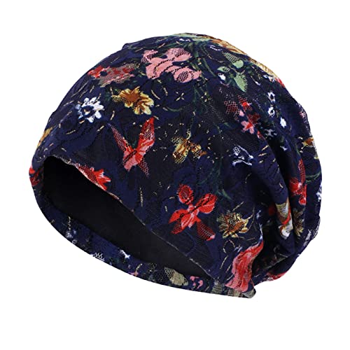 Spitzen Chemo Mützen Damen Sommer Beanie Kopftuch Super Weich Slouchy Turban Kopfbedeckungen Kop Wraps Beanie Mütze Kappe für Haarausfall, Kreb, Chemo Marine von Generic