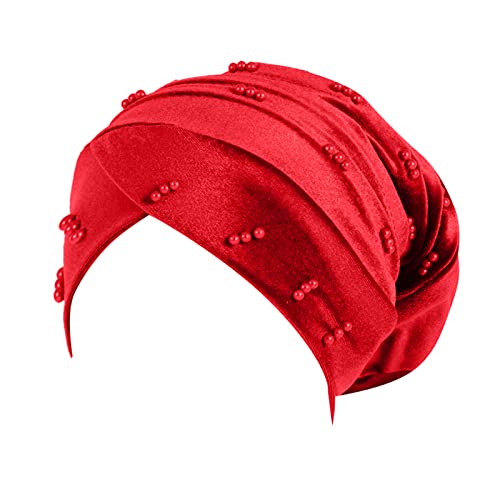 Unisex-Workout-Haarband Große elastische einfarbige bequeme flache Hut-Perlen-Kappen-Nagel-Perlen-Stapel-Kappe für Damen (Red, One Size) von Unbekannt