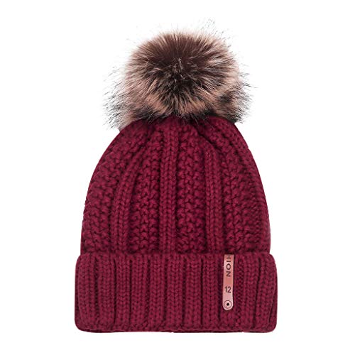 Warme Strickmütze Fleecefutter Wintermütze Winter Beanie Mütze Damen Mütze Gefüttert Fell-Bommel Kunstfell Wintermütze Bommelmütze Grobstrick Mädchen Bommel-Mütze/warm von Unbekannt