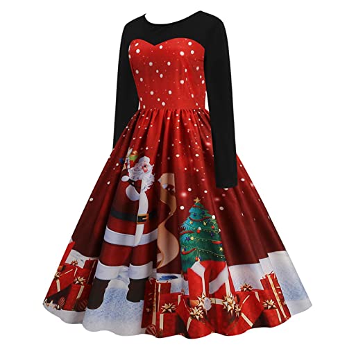 Weihnachtskleider für Frauen – Cocktailkleid mit Vintage-Druck, langärmelig, elegantes A-Linien-Kleid, Weihnachtsmotiv, Swing-Kleid, Vintage, von Unbekannt