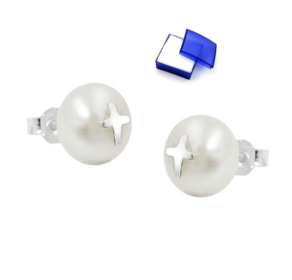 unbespielt Paar Ohrstecker Ohrringe Süßwasserzuchtperle mit Silberkreuz 925 Silber 9 mm, Silberschmuck für Damen von unbespielt