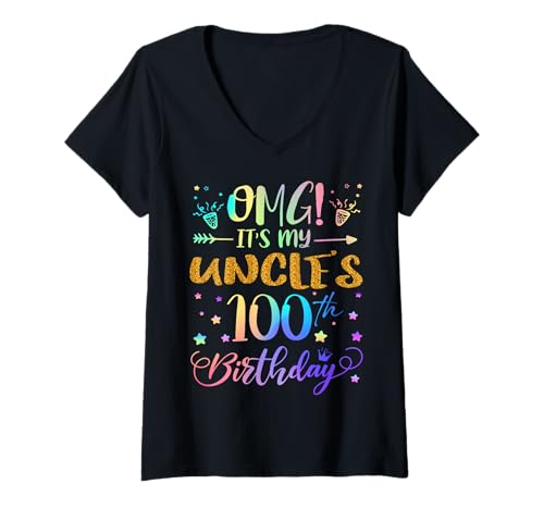 Damen OMG It's My Oncle's 100th Birthday Sweet 100 Years Old T-Shirt mit V-Ausschnitt von Uncle 100th Bday Tie Dye Niece Nephew