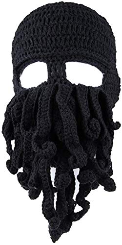 Uncle Lee Oktopus Beanie Mütze Beanie Tintenfisch Bart Mütze Strick Beard Caps für Herren Winter Warm Skifahren Gr. Einheitsgröße, Schwarz von Uncle Lee