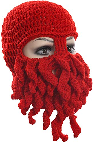 Uncle Lee Oktopus Beanie Mütze Beanie Tintenfisch Bart Mütze Strick Beard Caps für Herren Winter Warm Skifahren Gr. Einheitsgröße, rot von Uncle Lee