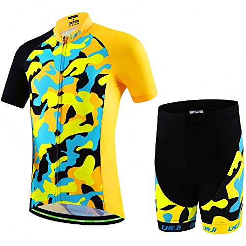 Uncle Lee Unisex Bekleidung Skinsuits Radbekleidung Kinder Radsport Kurzarm Trikot Kurzarm Trikot + Gepolsterte Shorts, Kinder, Gelbes Tarnmuster, 7-9 Jahre von Uncle Lee