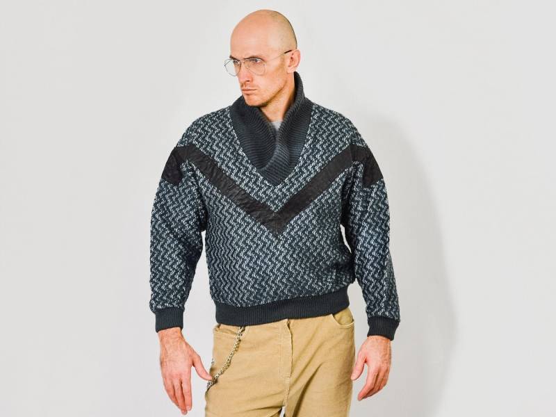 80Er Pullover Herren Patchwork Leder Gemusterter Blau Grau Vintage M Medium von UncleEdVintage