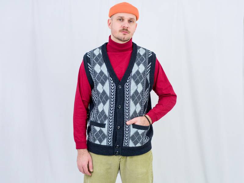 Diamant Pullover Weste Grau Strickjacke Preppy Vintage Varsity Ärmel Männer V Hals L/xl von UncleEdVintage