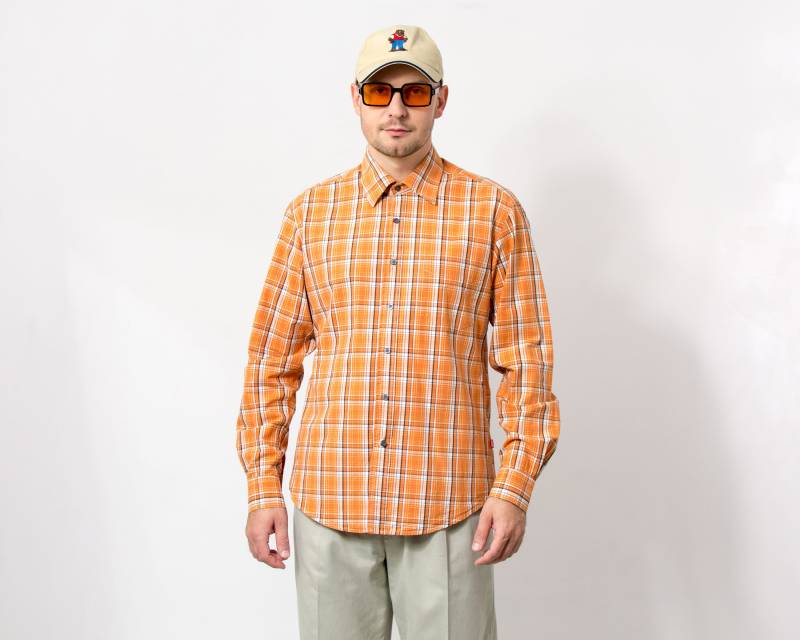 Esprit Kariertes Orange Hemd Tailliert Oxford Langarm Herren Größe L von UncleEdVintage