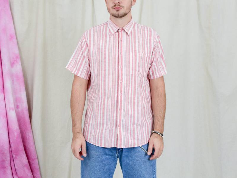 Vintage 90Er Jahre Ringelshirt | Rot-Weißer Ramie Baumwolle Button-Up | L von UncleEdVintage