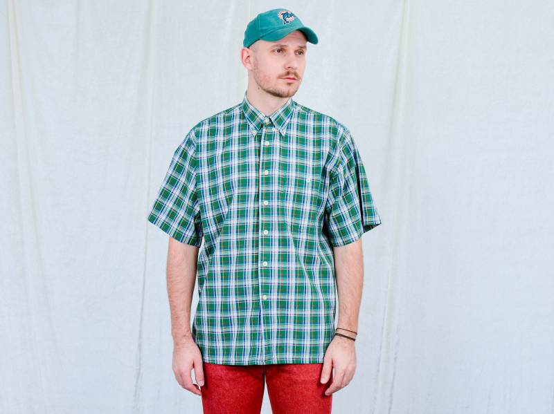 Grün Kariertes Shirt Vintage Button Down Tartan Top Herren Kurzarm Sommer Xl/Xxl von UncleEdVintage