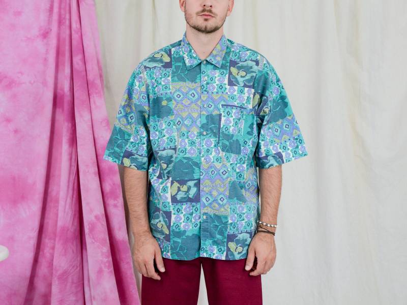 Grüne Retro Shirt 80Er Jahre Vintage Gedruckt Kurzarm Abstrakte Herren Oben Kragen Xxl von UncleEdVintage
