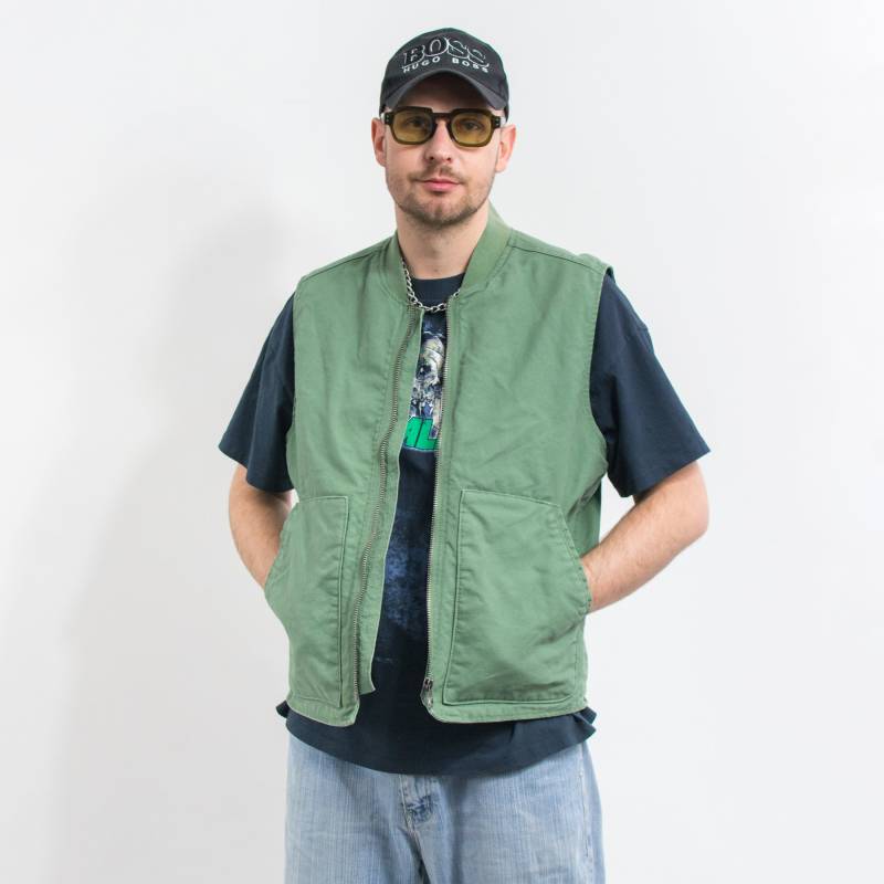 Jeansweste Grün Gefütterte Ärmellose Jacke Männer Gr. L von UncleEdVintage