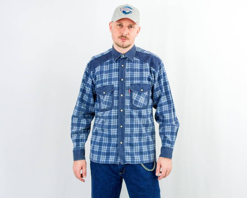Kariertes Cord Shirt 90Er Jahre Vintage Blau Knopf Unten Männer Langarm Medium von UncleEdVintage