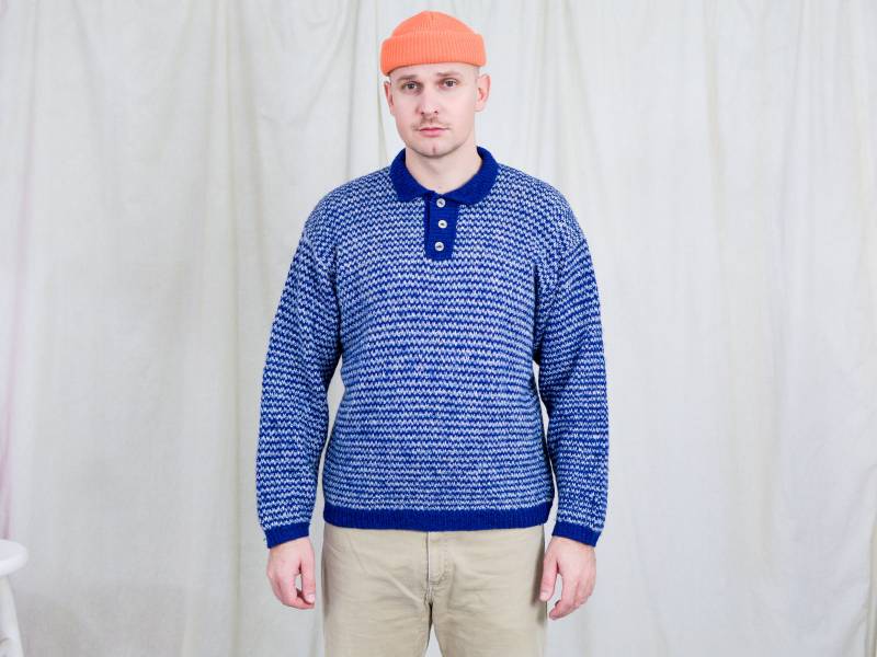 Kragen Pullover Vintage Blau Weiß Knopf Bis Retro Polo Handgemachte Männer Xl von UncleEdVintage