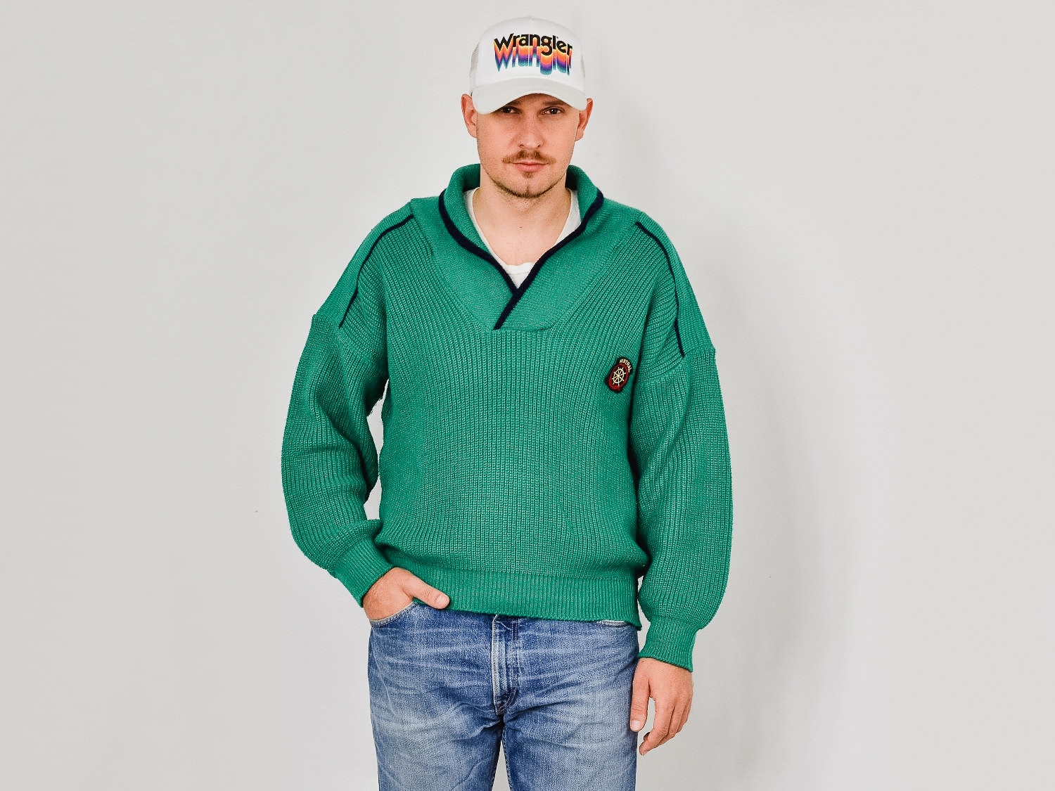 Mistral Pullover Preppy Yacht Club Retro Grün Herren Weinlese Gepatcht 80Er Jahre Hipster Oversized L/xl von UncleEdVintage