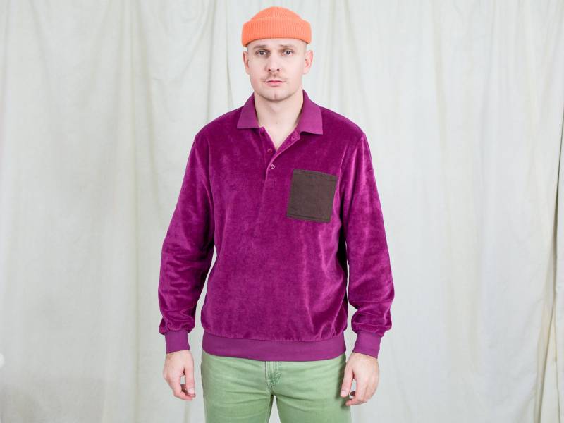 Samt Sweatshirt Burgunder Kragen Polo Langarm Shirt M Medium von UncleEdVintage
