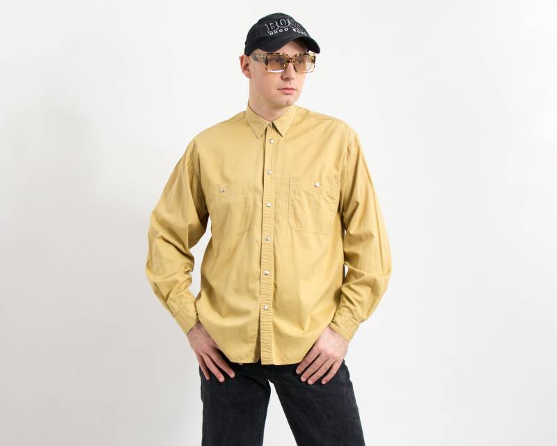 Senffarbenes Jeanshemd Vintage 90Er Jahre Langarm Gelb Kragen Männer Größe L von UncleEdVintage