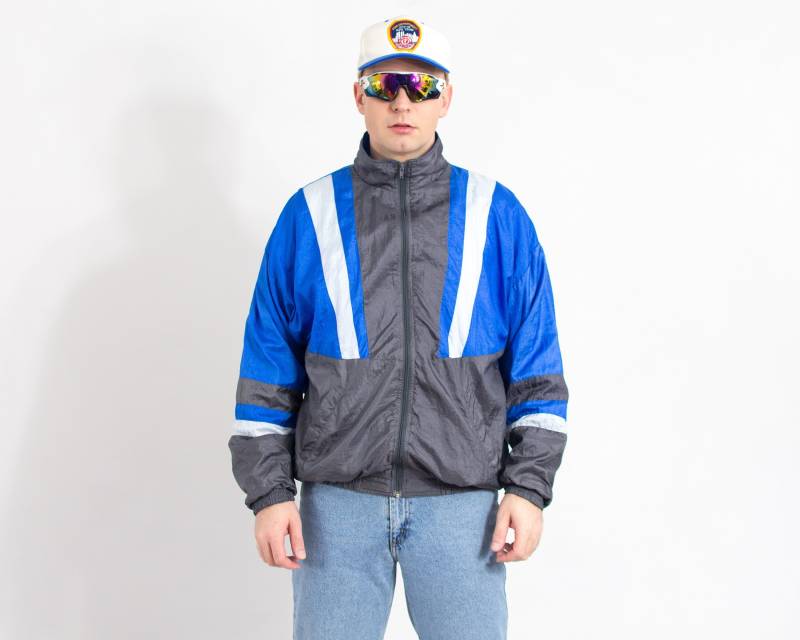 Trainingsjacke Vintage 90Er Jahre Blau Grau Shell Nylon Herren Größe L von UncleEdVintage