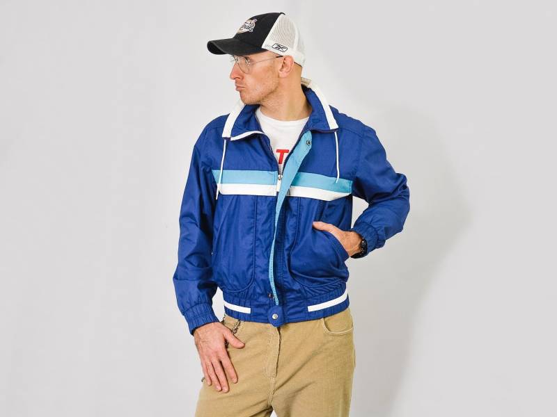 Vintage 80Er Jahre Blaue Nylon Windbreaker Jacke Trainingsanzug Mit Durchgehendem Reißverschluss | L von UncleEdVintage