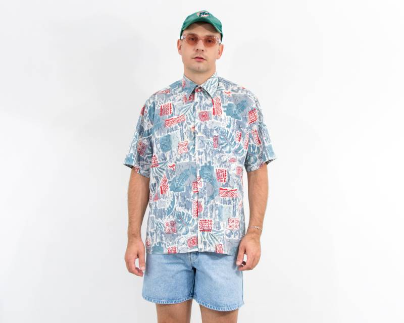 Vintage 90Er Jahre Bedrucktes Hemd in Abstraktem Aztekenmuster Gr. L von UncleEdVintage