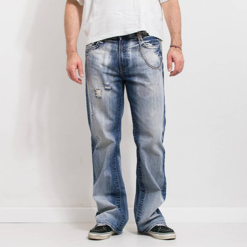 Vintage Y2K Fishbone Bootcut Jeans | Beunruhigt Verblasster Denim Herrengröße W34 L34 von UncleEdVintage