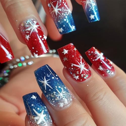 24pcs Independence Day Press Auf Nails Ballet Falsch Mit Sternentwürfen Glitzer Künstlich Für Frauen Mädchen Amerikanische Flagge Falsch Nagel von UncleS