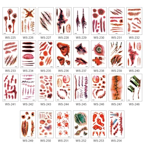 30 Blätter Halloween Temporär Tätowierter Aufkleber Realistische Falsche Blutige Wundwasseraufkleber Halloween Horror Falsch Wunde Temporärer Aufkleber von UncleS