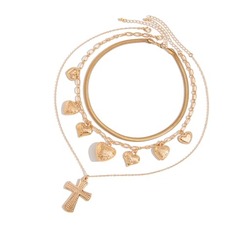 3pcs Goldkreuze Und Herzheize Halskette Set Fischgrätenschlangenkette Chokers Mit Herzheizen Trendy Set von UncleS