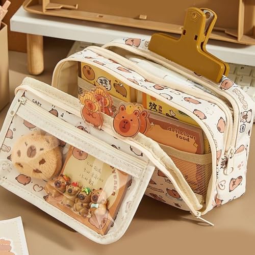 Multi Layer Bleistiftbeutel Cartoon Animal Hülle Stifthalter Brosche Aufkleber Große Kapazität Beutel Cartoon Capybara Multi Layer Großer Kapazität Fall von UncleS