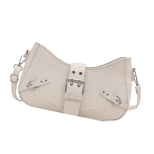 Trendige Umhängetasche mit Gürtelriemen und Nietendetails, leichtes PU-Leder, Umhängetasche, lässige Unterarmtaschen für Frauen, Nähte, PU-Damentasche, weiß, One Size von UncleS