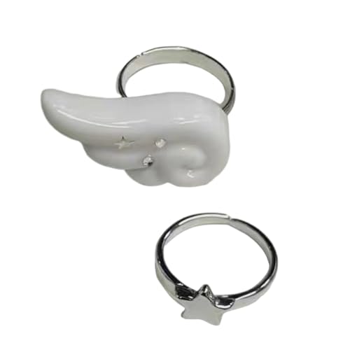 UncleS 2pcs Star Und Engelsflügel Verstellbare Ringe Bequeme Verschleiß Robuster Plastikschmuck Für Frauen Modegeschenke Star Und Engelsflügelringe Set Set von UncleS