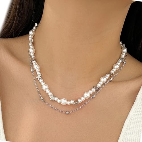 UncleS Moderne Mehrschichtige Star Anhänger Imitation Perlen Halskette Verstellbare Länge Neckchain Legierung Schmuck Geschenk Für Frauen Männer Vielseitige Länge Verstellbare Krawatte von UncleS