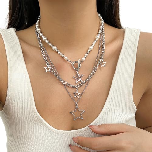 UncleS Moderne Mehrschichtige Star Anhänger Imitation Perlen Halskette Verstellbare Länge Neckchain Legierung Schmuck Geschenk Für Frauen Männer Vielseitige Länge Verstellbare Krawatte von UncleS