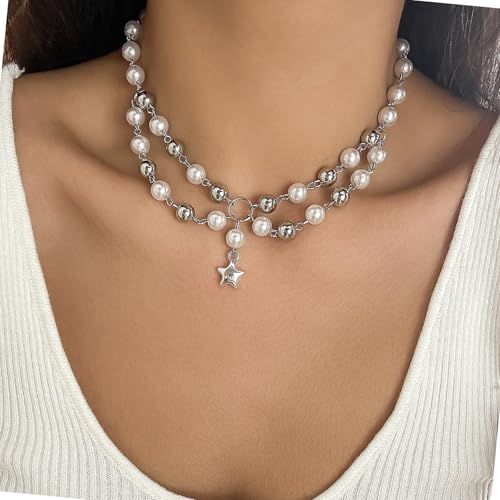 UncleS Moderne Mehrschichtige Star Anhänger Imitation Perlen Halskette Verstellbare Länge Neckchain Legierung Schmuck Geschenk Für Frauen Männer Vielseitige Länge Verstellbare Krawatte von UncleS