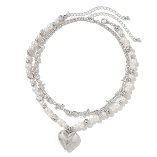 UncleS Packung Von 2 Trendigen Perlen Hals Schmuck Herz Anhänger Halskette Doppelschicht Halskettenlegungsstruktur Geeignet Für Frauen Mädchen Paar Halskette von UncleS