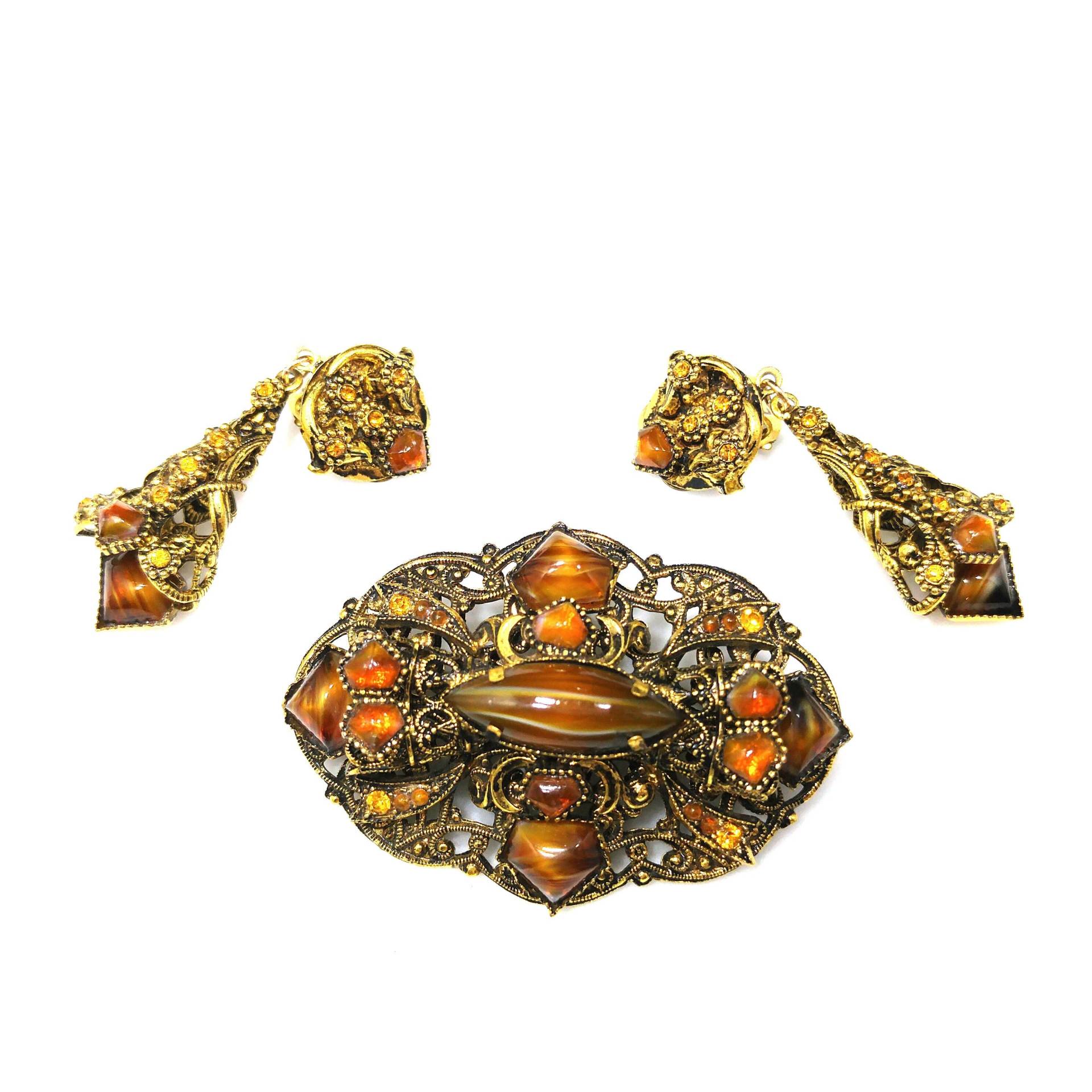 Filigrane Topaz Art Glas Brosche & Clip Ohrringe, 1950Er Jahre Vintage Schmuck von UncoveringVintage