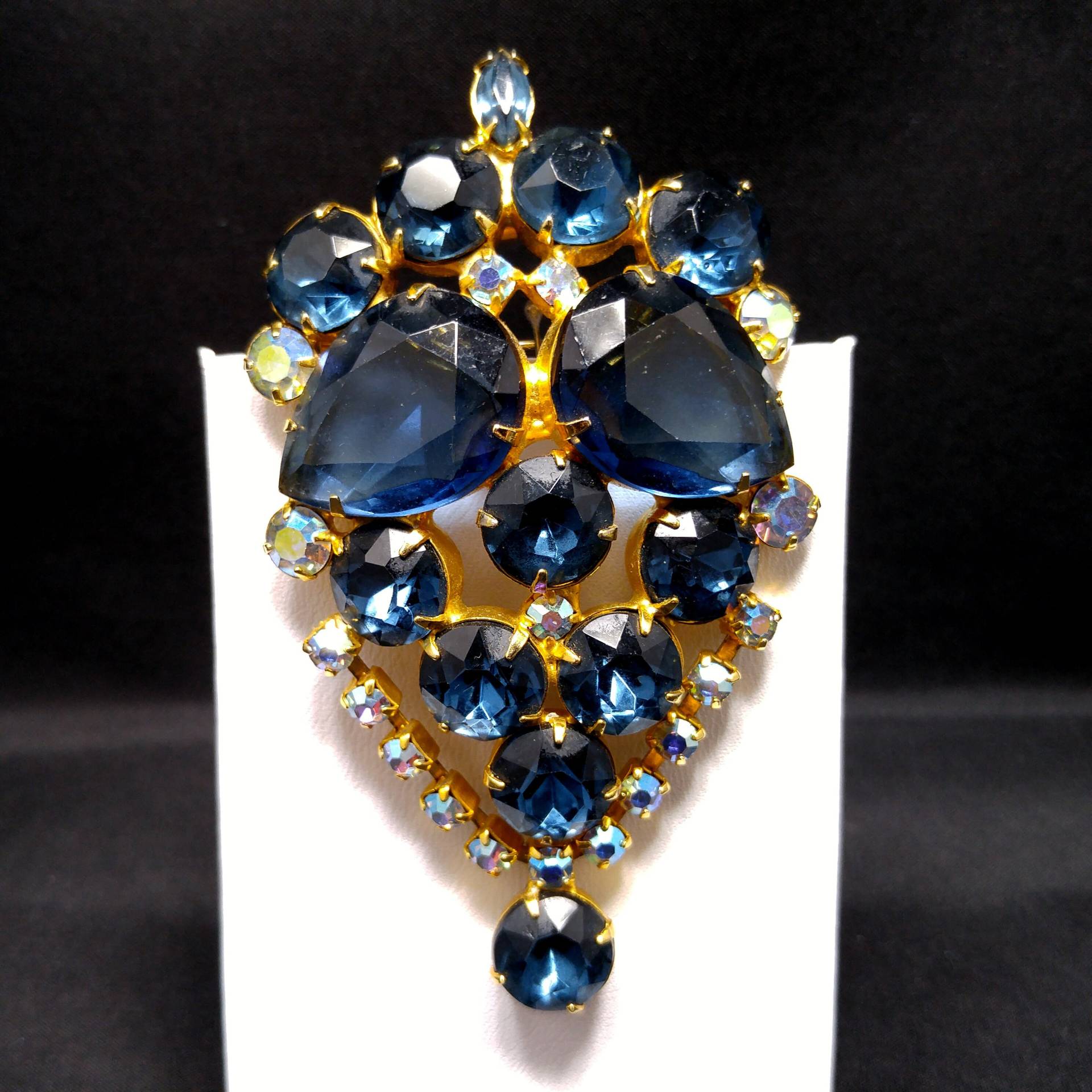 Große Blaue Strass Brosche & Anhänger, Vergoldet, 1960Er Jahre Vintage Schmuck von UncoveringVintage