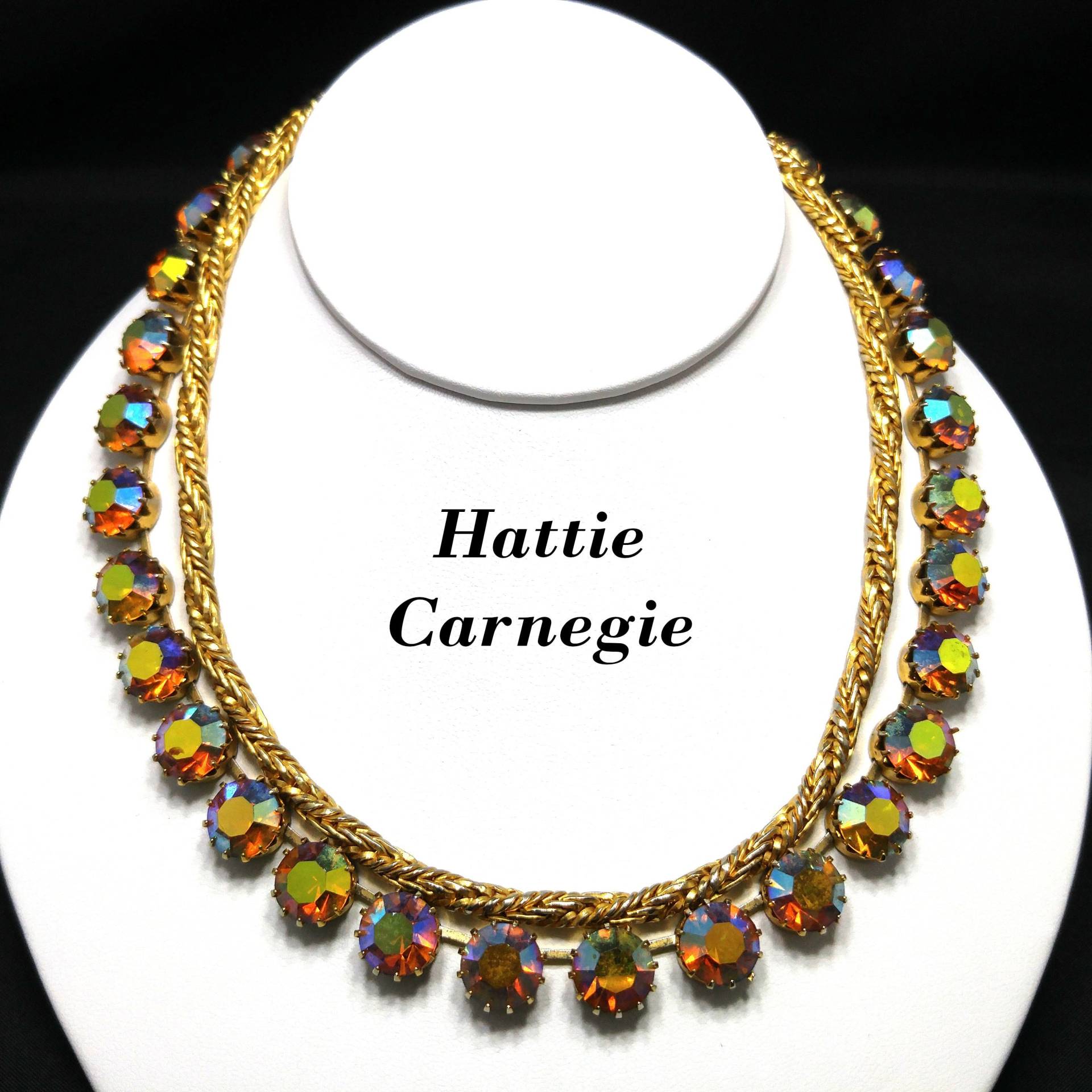 Hattie Carnegie Gold Strass Halskette, Seilkette Aurora Borealis, 1960Er Jahre Vintage Schmuck von UncoveringVintage