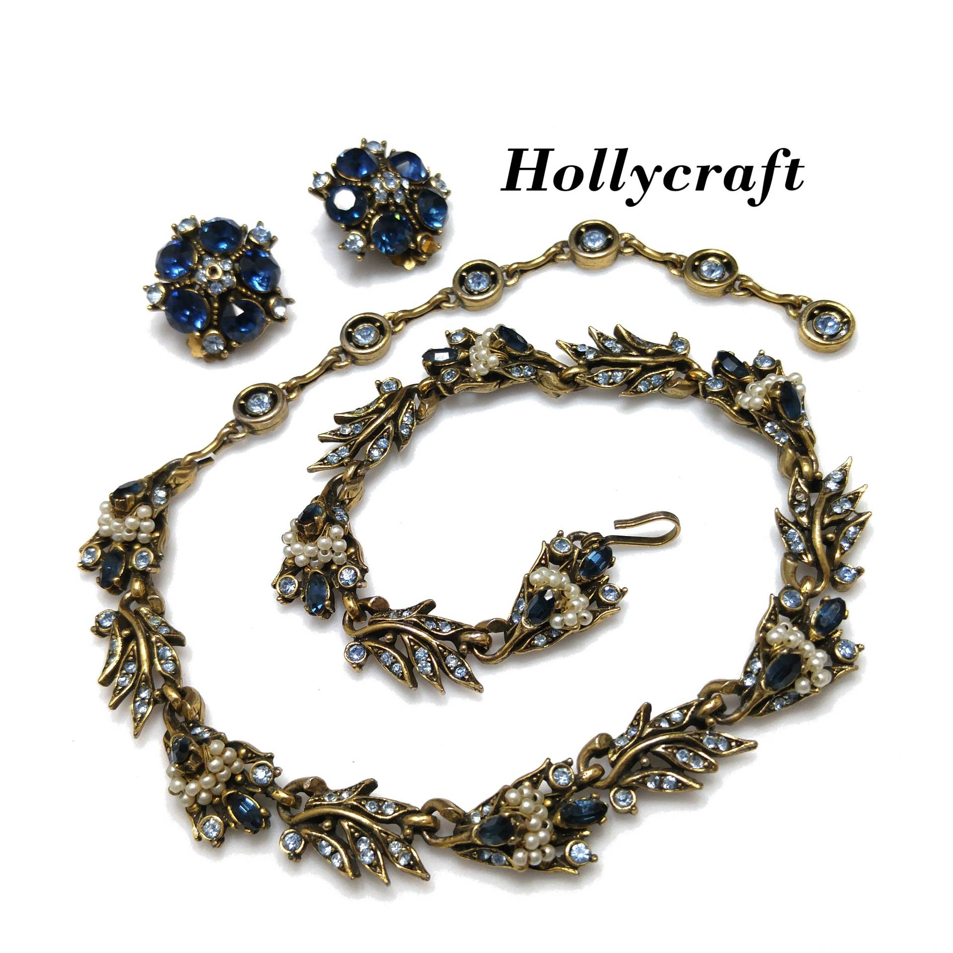 Hollycraft Blue Strass 1956 Halskette, Unsignierte Ohrringe, 1950Er Jahre Vintage Schmuck von UncoveringVintage