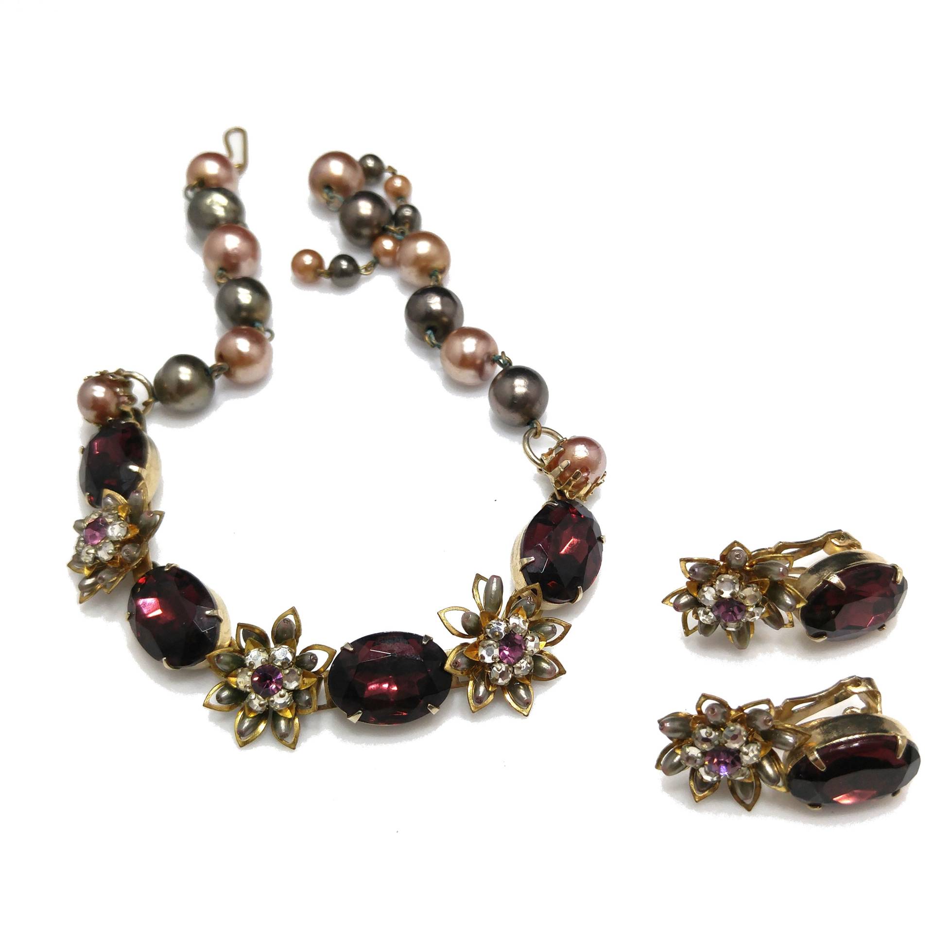 Lila Strass Blumen Halskette Ohrringe, Kunstperlen, 1950Er Jahre Vintage Schmuck von UncoveringVintage