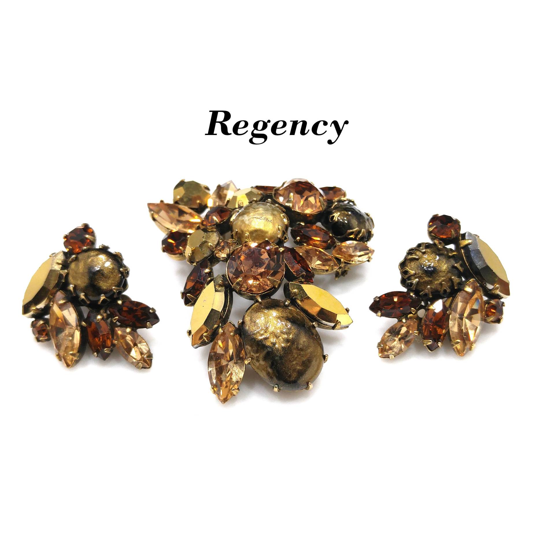 Regency Topaz & Gold Strass Brosche Ohrringe Set, Kunstperlen, 1950Er Jahre Vintage Schmuck von UncoveringVintage