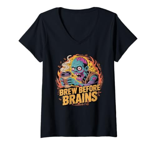 Damen Brew Before Brains Lustiger Zombie-Kaffeeliebhaber T-Shirt mit V-Ausschnitt Damen Brew Before Brains Lustiger Zombie-Kaffeeliebhaber T-Shirt mit V-Ausschnitt von Undead Coffee Addict Humor Outfits