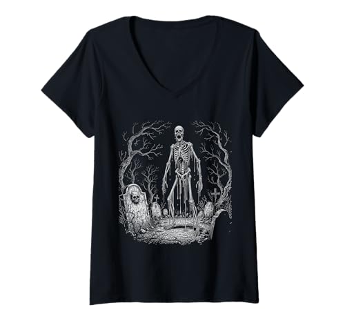 Damen Gothic Zombie Skelett Untote Horror Friedhof Kunst T-Shirt mit V-Ausschnitt von Undead Graveyard Vibes