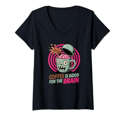 Damen Coffee Is Good for the Brain Lustige Zombie-Tasse T-Shirt mit V-Ausschnitt Damen Coffee Is Good for the Brain Lustige Zombie-Tasse T-Shirt mit V-Ausschnitt von Undead Java Club