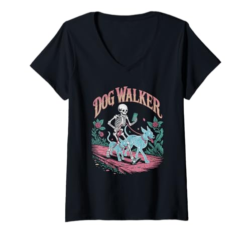 Damen Skelett Hund Walker mit Geist Hunde Lustig Halloween Gruselig T-Shirt mit V-Ausschnitt von Undead Pet Club